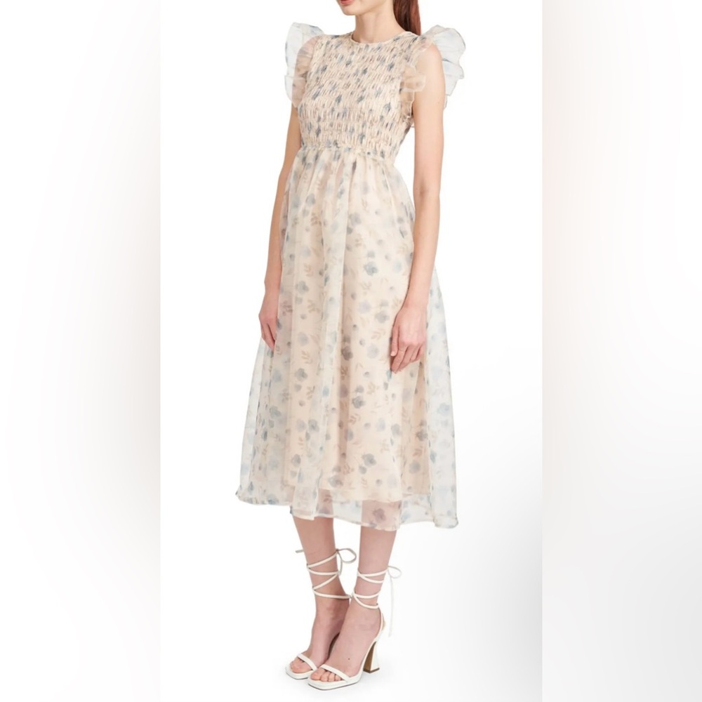 EN Saison La Raque Floral Smocked Midi Dress Beige Women Small Cottagecore Boho